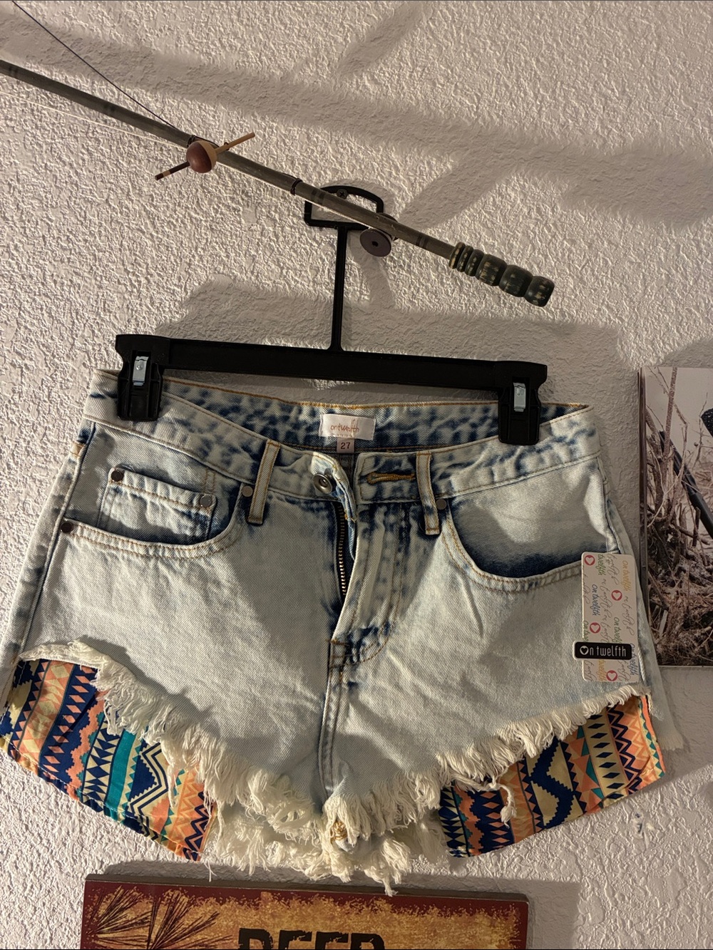 Womens Light Wash Denim Shorts with Tribal Trim